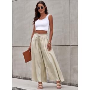 Wide Leg Palazzo Pants Women’s Small High Waist Boho Flowy Casual Comfort Beige